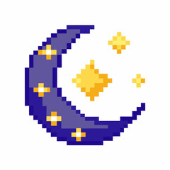 Pixel Art Crescent Moon with Stars on White Background  Retro Gaming Style Night Sky Illustration