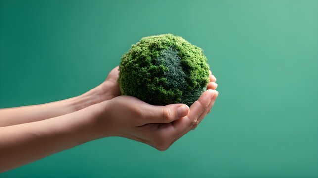 Hands holding the earth on a green background to protect nature Save and care World for sustainable. concept of the environment ecology and Earth Day