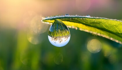 a close up macro shot of a single dew droplet delicately hanging from the tip of a freshly sprouted leaf reflecting an inverted image of a blooming spring meadow inside