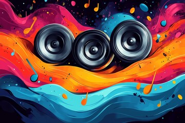Obraz premium Colorful music speakers, vibrant waves, party background, event poster