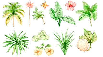 Tropical beach icons collection on white background