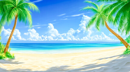 Fototapeta premium Tropical beach illustration with palm trees under sun