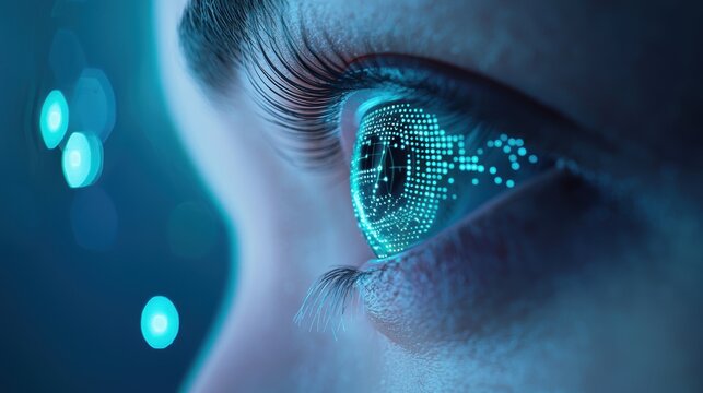 Eye Tracking Technology Eye with digital interface and data points showing gaze direction, futuristic HUD elements, focus on technology and innovation - Powered by Adobe