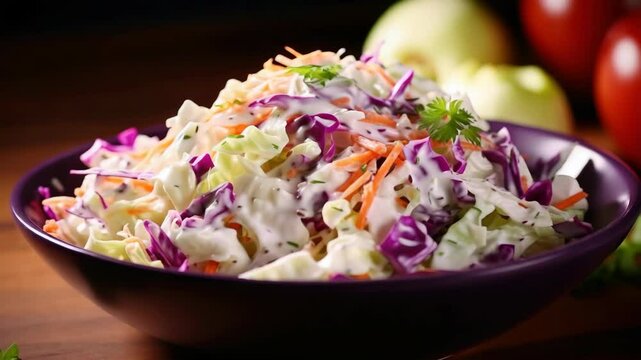 A bowl of coleslaw with carrots and celery. The bowl is purple and the coleslaw is white
