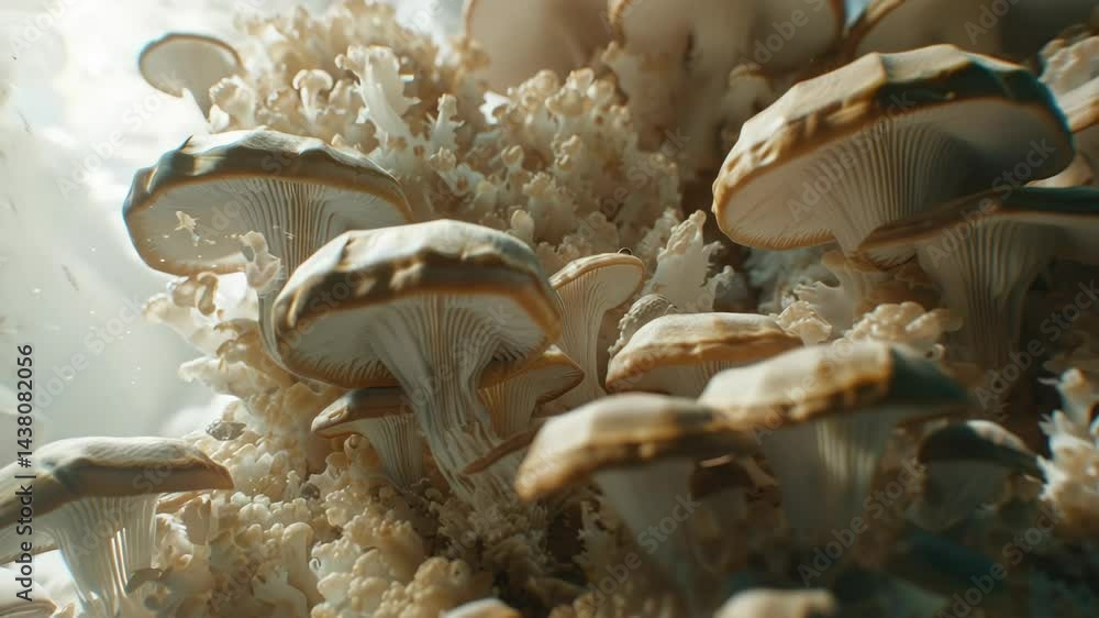 Poster a close up of a bunch of mushrooms. the mushrooms are white and have a fuzzy texture. the image has 