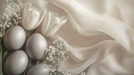 Fototapeta premium An Easter-themed image featuring real eggs in shades of light and dark blue against a textured fabric background with white blooms. This composition is seasonal, festive, and celebrates the tradition