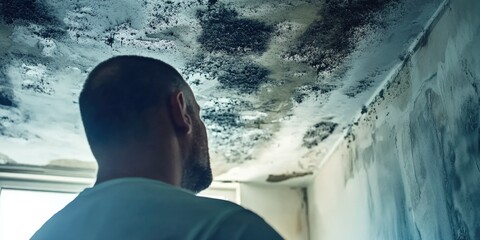 An image featuring a man, presumably a worker or renovator, standing under a damaged ceiling with black stains and mold, focusing intently on the work at hand.