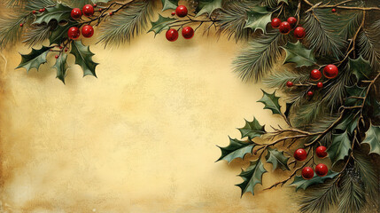 Christmas greenery with red berries on a textured, vintage-style beige and brown background. For holiday cards, rustic decor themes, or seasonal blogs