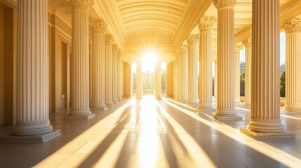 Naklejka premium A grand colonnade with classical pillars is illuminated by bright sunlight streaming through, casting long shadows on the marble floor.