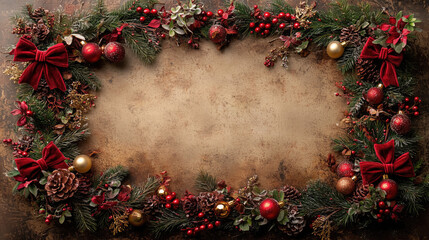 vintage illustration of a Christmas border with velvet bows, ornaments, pine boughs, and berries on a parchment texture. Excellent for holiday card backgrounds, website banners, or blog post graphics