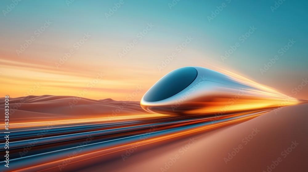 Poster train high speed motion blur external view of a hyperloop pod speeding through a desert landscape, m