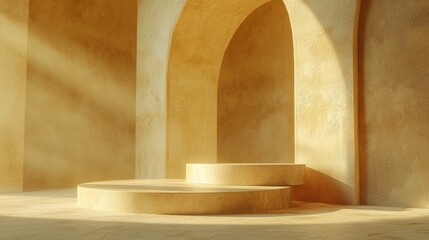 This image depicts a tranquil, light-filled architectural space. The perspective is from the front end of an arched hallway, which draws the viewer's eye toward the back. Natural sunlight filters