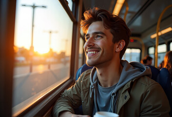 Smile on the road: A young man on a bus at sunset