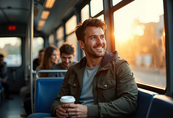 Smile on the road: A young man on a bus at sunset