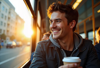 Smile on the road: A young man on a bus at sunset
