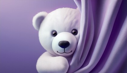 cute white teddy bear peeking out from a fabric against a pastel lilac background generative ai