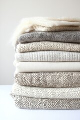 Stack of neutral-toned fabrics  Soft, textured throws in various shades of beige and cream, neatly stacked