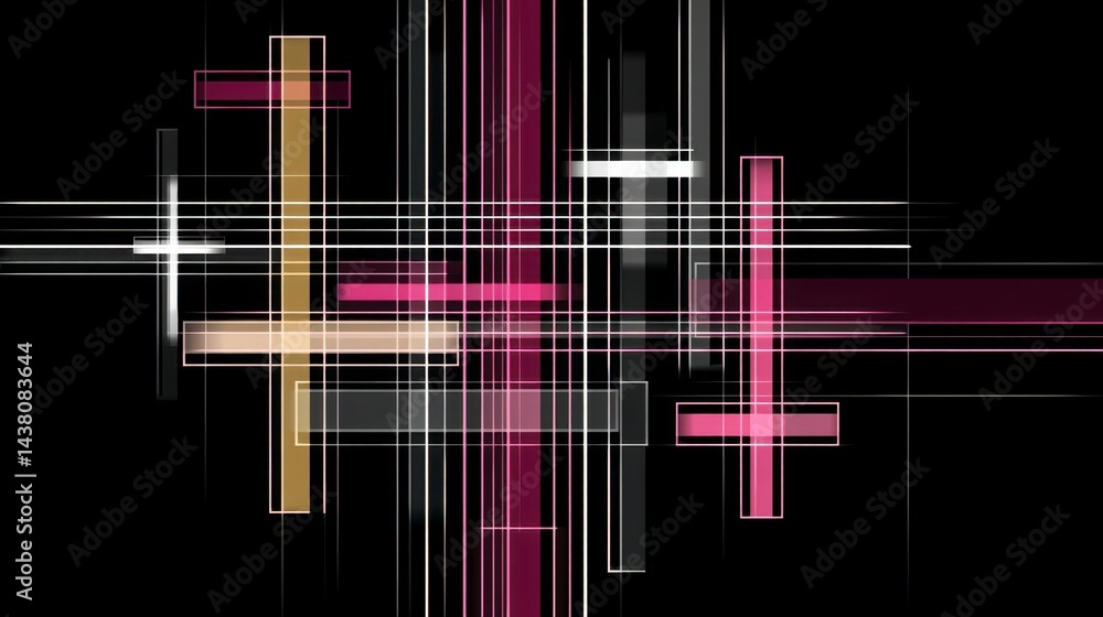 Poster abstract geometric artwork featuring intersecting lines and translucent rectangles in shades of pink