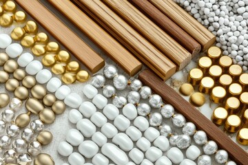 Assorted decorative elements in various colors and textures