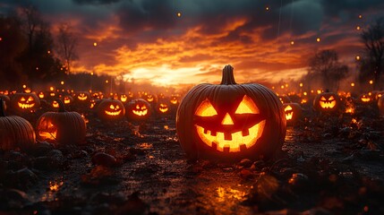 Spooky Halloween evening with smiling jack-o'-lanterns and dramatic sunset sky 