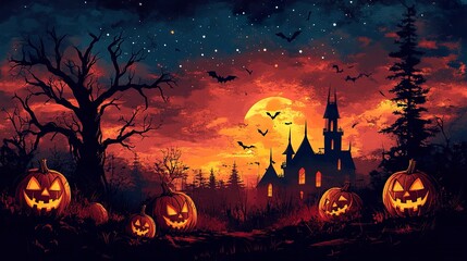 Spooky Halloween night illustration with creepy tree, jack-o'-lanterns, and haunted house silhouette  