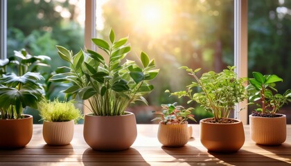 indoor plants with small leaves in decorative containers in a beautiful residence air purifying plants