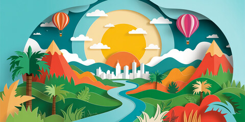 Vibrant paper art landscape through a circular portal, with colorful hot air balloons, turquoise river, orange mountains, and lush 3D vegetation