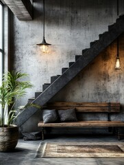 The image showcases a stylish and modern stairwell interior design with a vintage industrial touch. The staircase features grey concrete steps leading up to a wooden bench against a textured grey wall