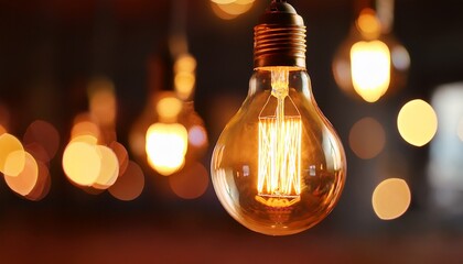 a single light bulb illuminated and suspended in a space suggesting illumination and inspiration the light has warm tone and the blurred lights are at the background
