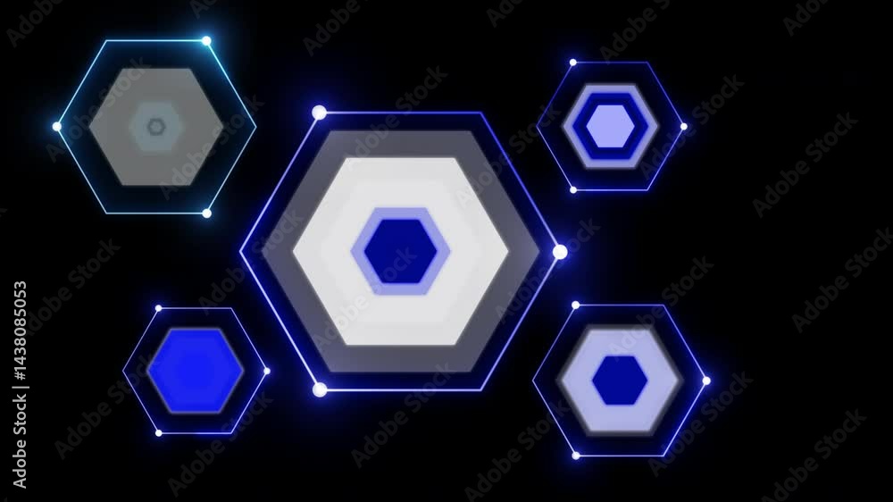Poster video overlay of glowing hexagons and dotted connections on a dark tech background. ideal for blockc