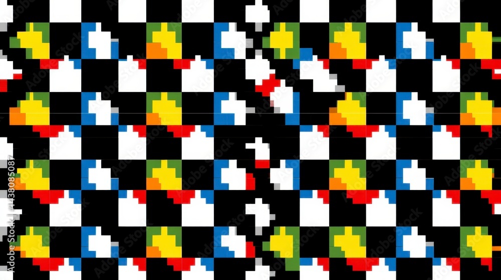 Poster abstract checkered pattern with multicolored pixelated thumbs up icons. black and white background w