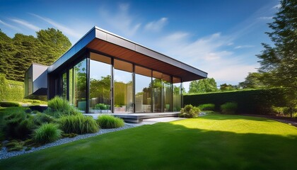 modern glass house surrounded by lush greenery showcasing contemporary architecture and design