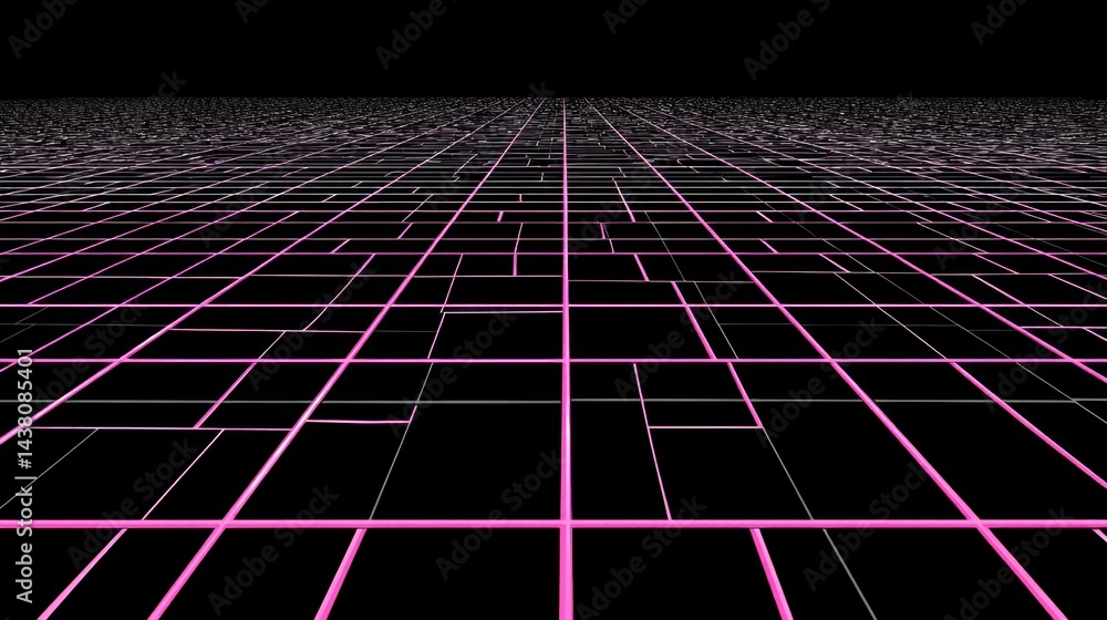 Poster abstract grid pattern with pink lines on a black background. digital art with glowing lights.
