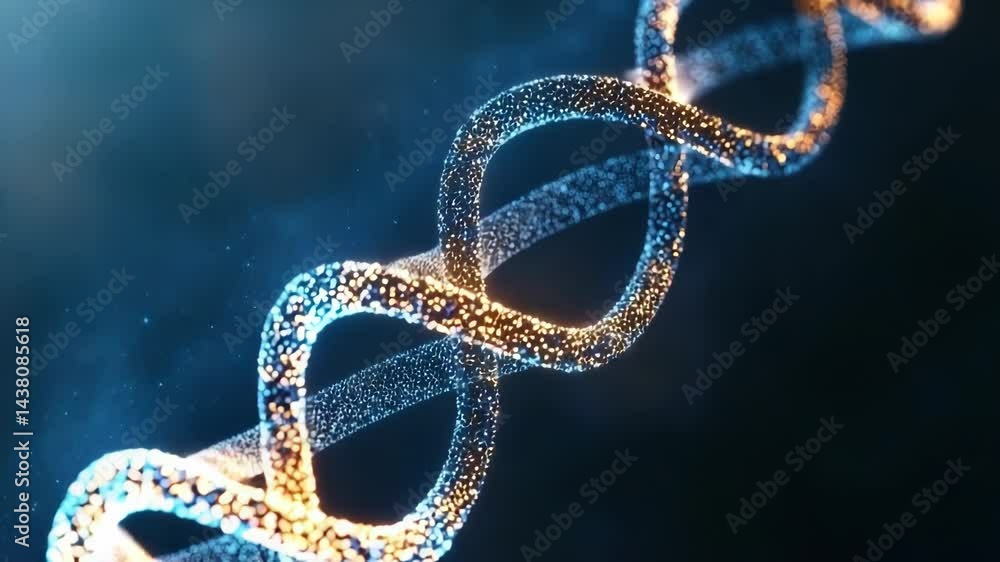 Poster futuristic digital visualization of a glowing dna double helix floating in cosmic space,representing