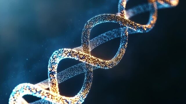 Futuristic digital visualization of a glowing DNA double helix floating in cosmic space,representing genetic research, biotechnology,molecular biology,the origins of life in a dynamic scientific conce