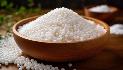 close up of white sago pearls in a wooden bowl showcasing texture and culinary potential ideal for food blogs health websites or recipe articles