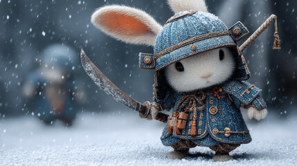 A small bunny dressed in detailed blue armor stands confidently in a snowy forest. Holding a sword, it prepares for an exciting adventure while snowflakes gently fall around it