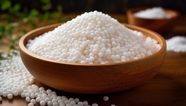 close up of white sago pearls in a wooden bowl showcasing texture and culinary potential ideal for food blogs health websites or recipe articles