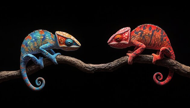 two colorful chameleons facing each other on a branch, dark background