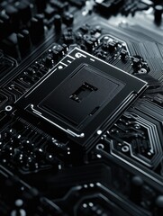 Fototapeta premium A close-up image of a highly detailed and complex electronic chip, showcasing its intricate circuitry and design elements. The chip is the central focus against a dark background, emphasizing its