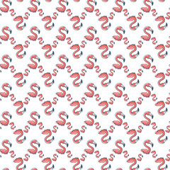 Patterned Flamingo Watercolor Artwork in Seamless Repetition on White Background