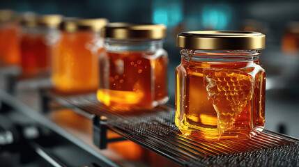 Jars filled with golden honey are neatly arranged on a conveyor belt in a processing facility. The setting is bright and organized, showcasing efficient honey production