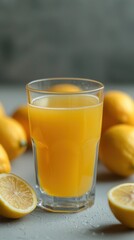 Fototapeta premium Refreshing glass of freshly squeezed lemon juice with ripe yellow lemons on a textured surface with a blurred background perfect for beverages and healthy drinks themes