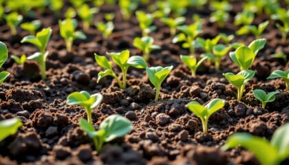 Fresh Green Seedlings Growing in Rich Dark Soil Under Sunlight