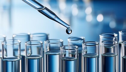 precision droplet from pipette into clear test tubes in laboratory