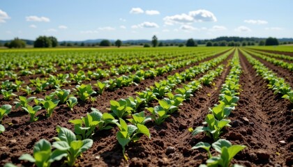 Lush Green Rows of Young Plants in Fertile Agricultural Field