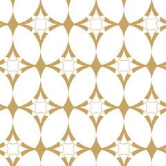 Abstract geometric pattern with crosses, stripes, lines. Seamless vector background. White and gold ornament. Modern reticulated graphic design.