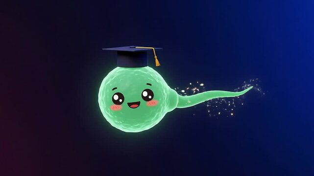A smiling green sperm cell with graduation cap swimming against a blue background. Ideal for graphic design projects related to biology, fertility, or reproductive health, Generative AI