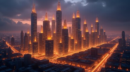 Obraz premium Futuristic Golden Bar Chart Cityscape for Premium Corporate Growth Presentations