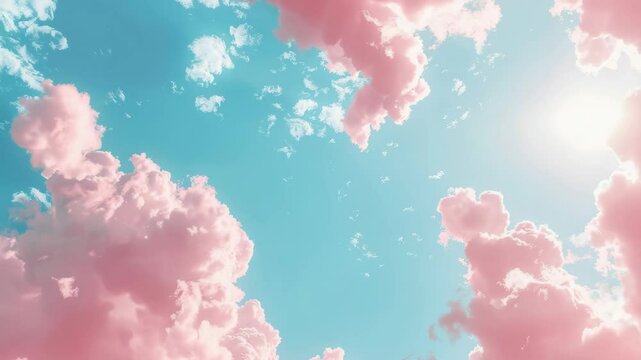 Pink clouds in the sky with a blue sky background. The sky is clear and the sun is shining brightly